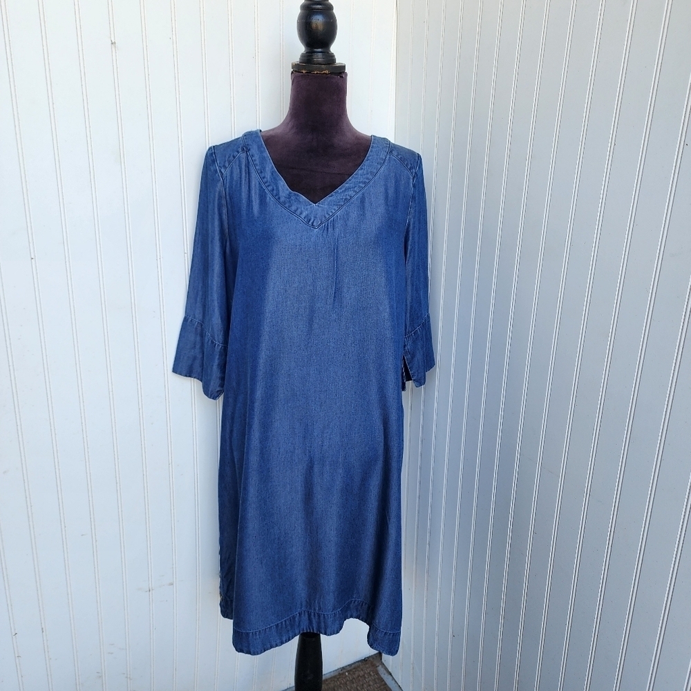 Anne Klein Casual Blue V‑Neck Soft Denim Shift Dress Size 10